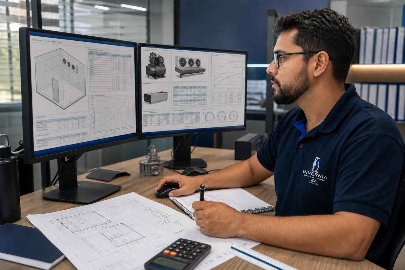 Engenheiro da Invernia calculando e selecionando equipamentos para o projeto