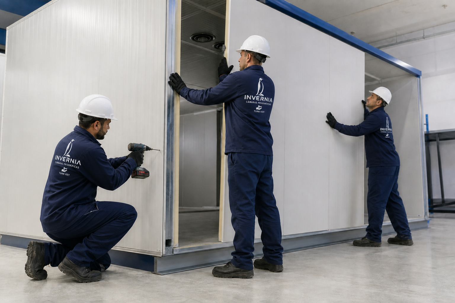 Equipe da Invernia instalando painéis isotérmicos da câmara frigorífica