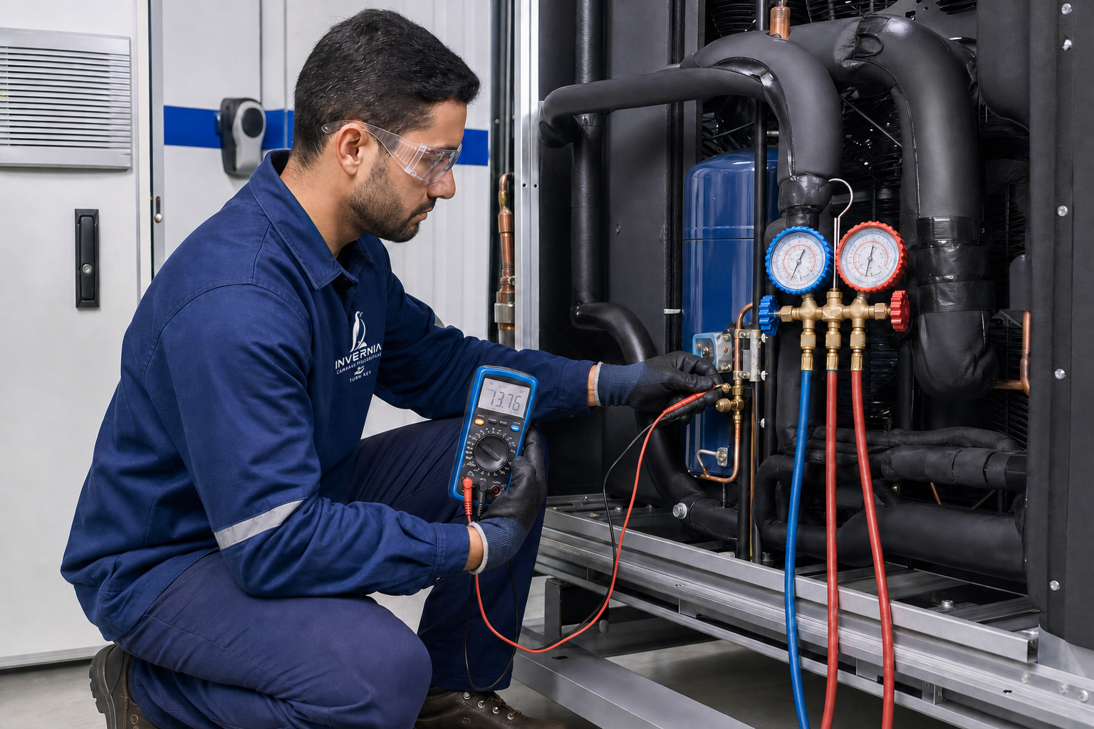 Técnico da Invernia realizando testes com manifold e multímetro