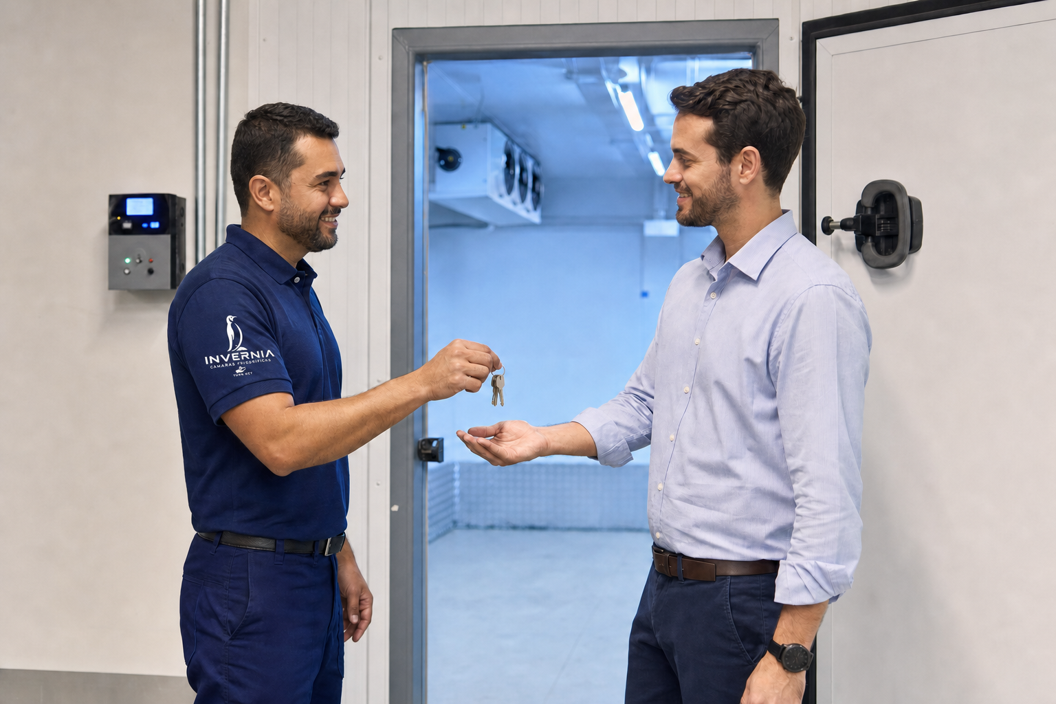 Técnico da Invernia entregando as chaves da câmara frigorífica ao cliente